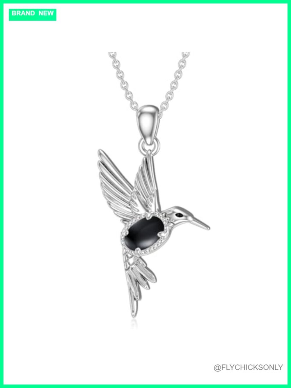 925 Sterling Silver Black Onyx Hummingbird Pendant Necklace 18in Adjustable